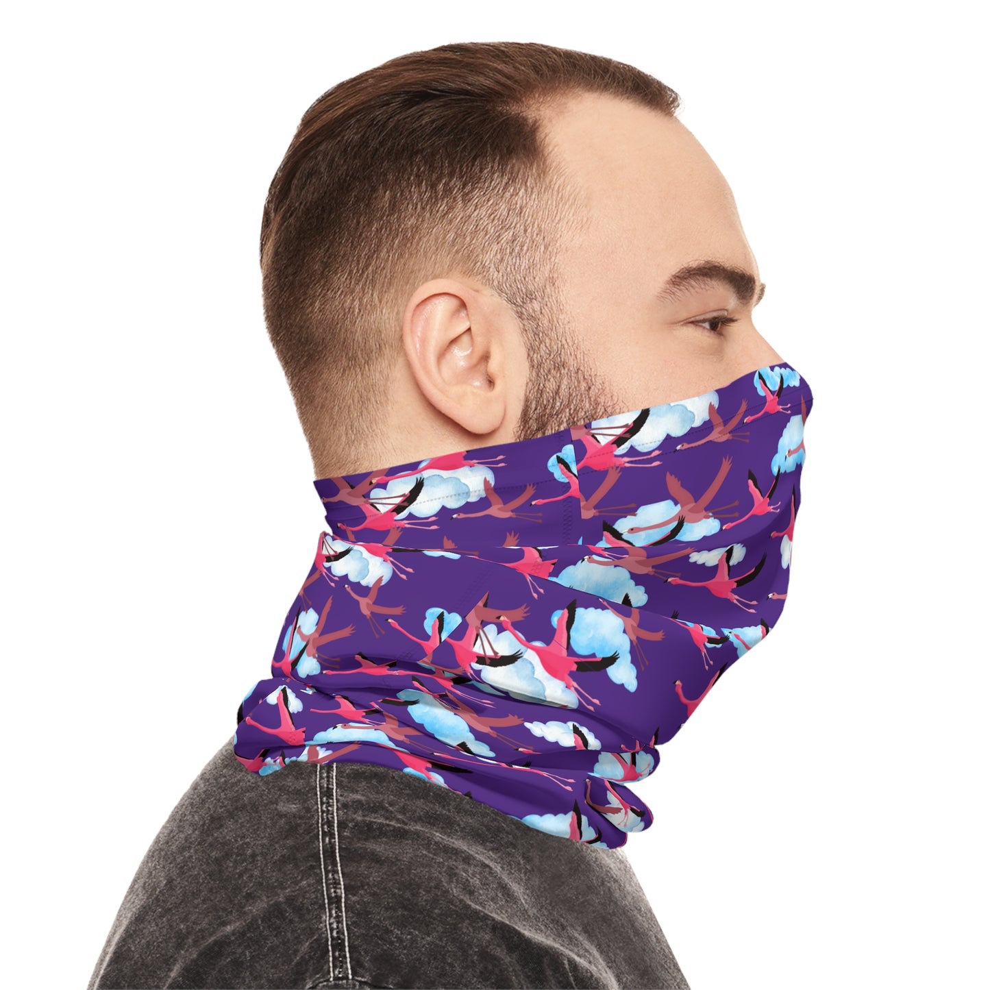 Colorful Lightweight Neck Gaiter with Flying Flamingo Design (Purple), Outdoor Accessory, Unique Gift, Hiking Gear, Nature-Themed Scarf