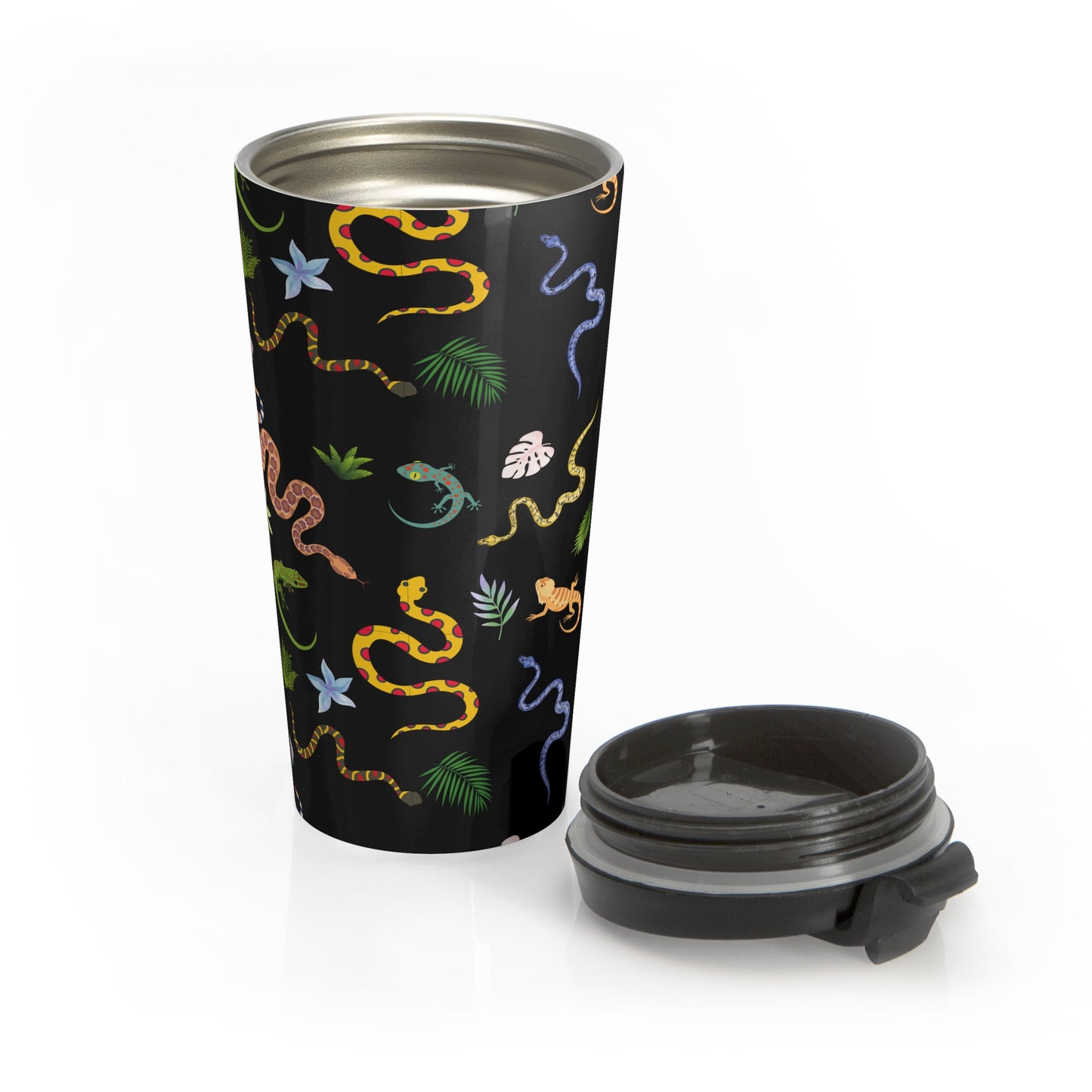 Dancing Reptile Pattern Stainless Steel Travel Mug (Black) | Stylish Travel Tumbler | Perfect Gift for Animal Lovers, Nature Enthusiasts, or Travel Junkies