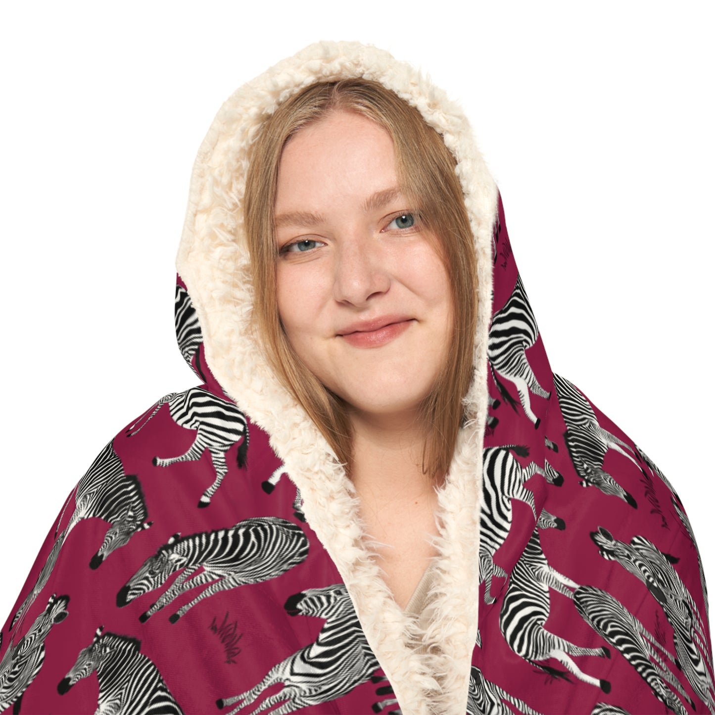 Hooded Snuggle Blanket - Whimsical Zebra Herd Print (Crimson Berry)