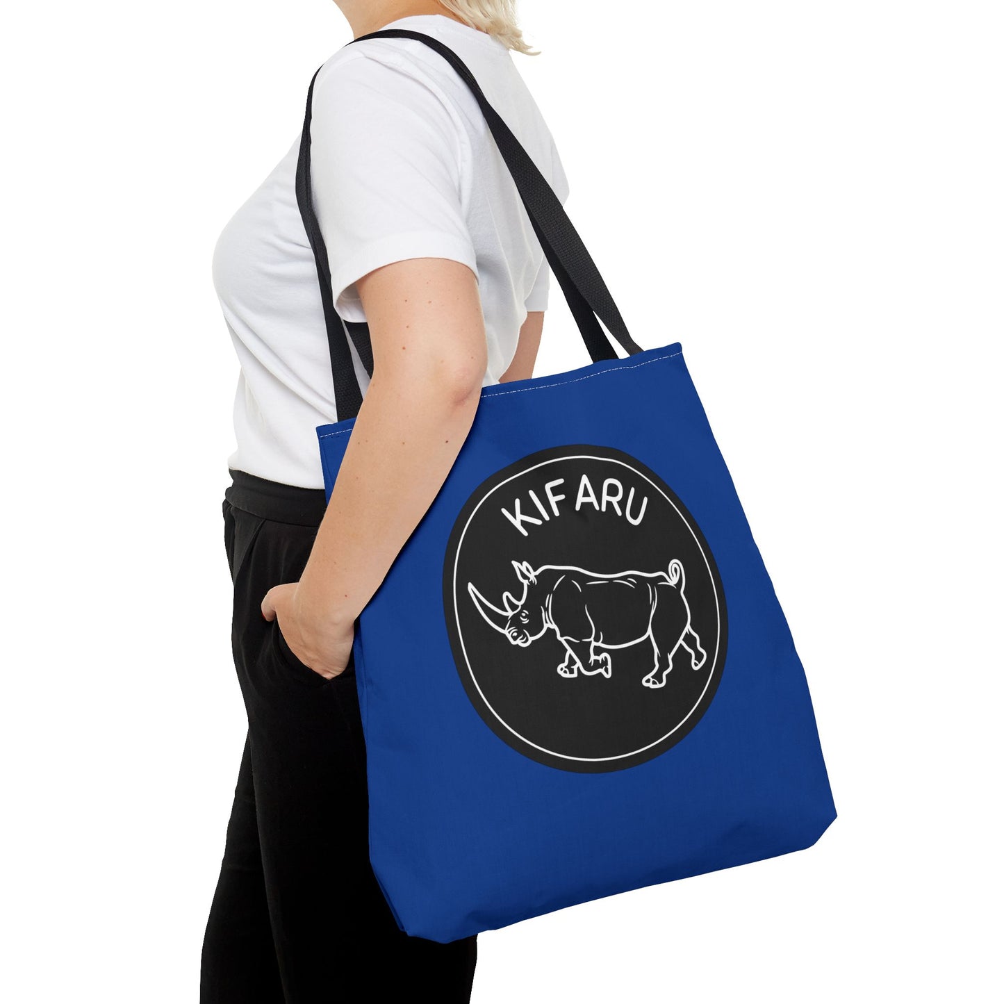 Vibrant Safari Animal-Themed White Rhino Tote Bag (Blue), Kiswahili Name, Eco-Friendly Shopping Bag, Stylish Daily Use, Gift for Nature Lovers, Kifaru Design