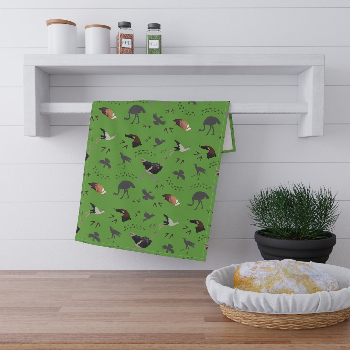 Charming Safari Bird Print Tea Towels (Green), Rustic Kitchen Decor, Farmhouse Style, Gift for Animal Lovers, Boho Kitchen Accessories