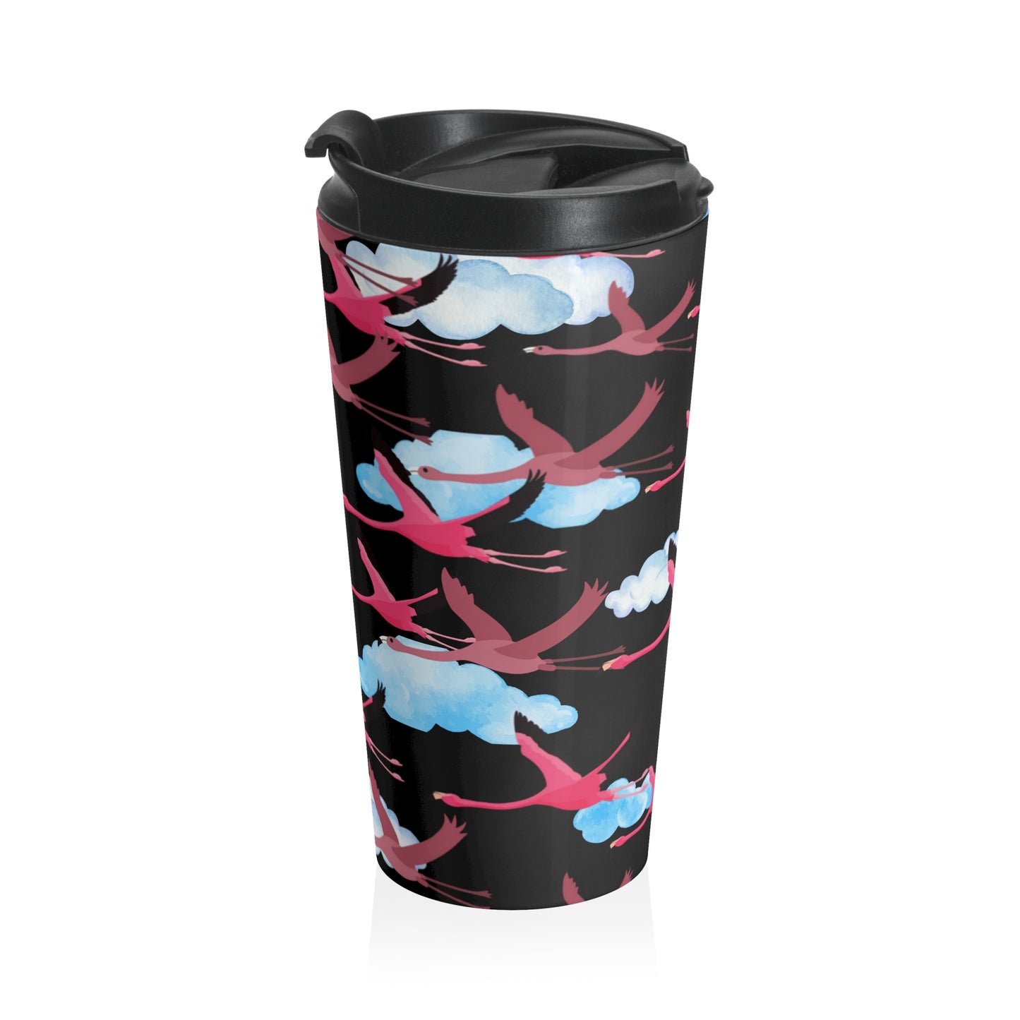 Flying Flamingo Pattern Stainless Steel Travel Mug (Black) | Stylish Travel Tumbler | Perfect Gift for Animal Lovers, Nature Enthusiasts, or Travel Junkies