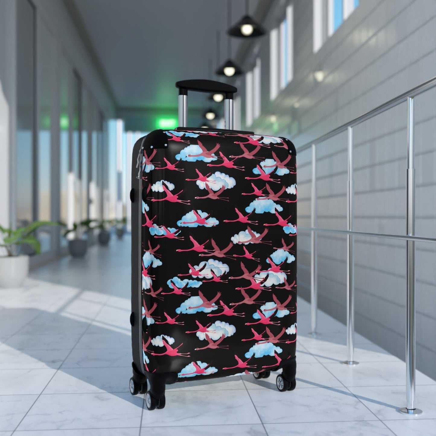 Flying Flamingo Travel Suitcase (Black) with Airplane Design, Luggage for Travelers, Custom Travel Bag, Vacation Essentials, Chic Carry-On