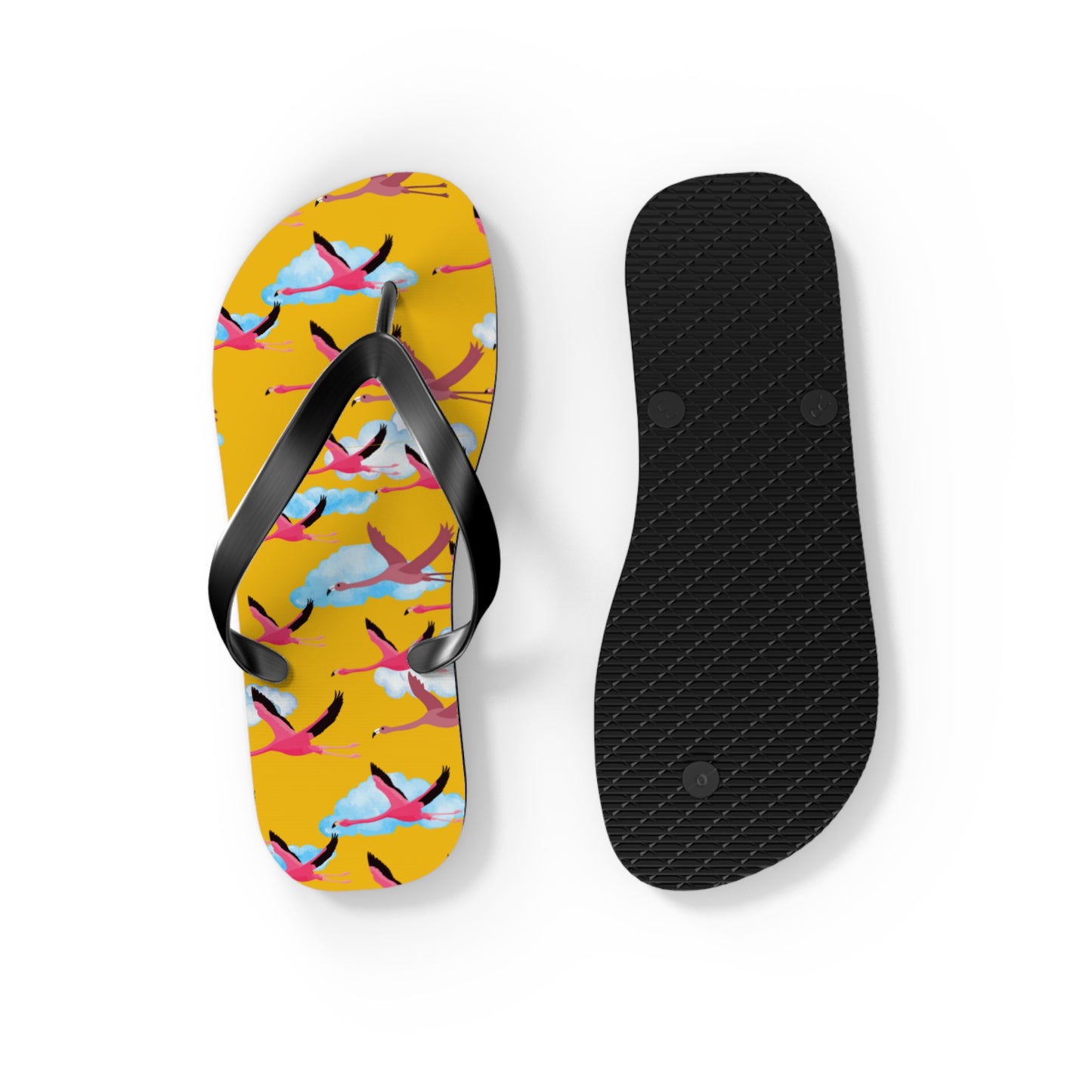 Flying Flamingo Print Flip Flops (Yellow), Summer Sandals, Beach Footwear, Vacation Essentials, Gift for Nature Lovers, Cute Outdoor Wear
