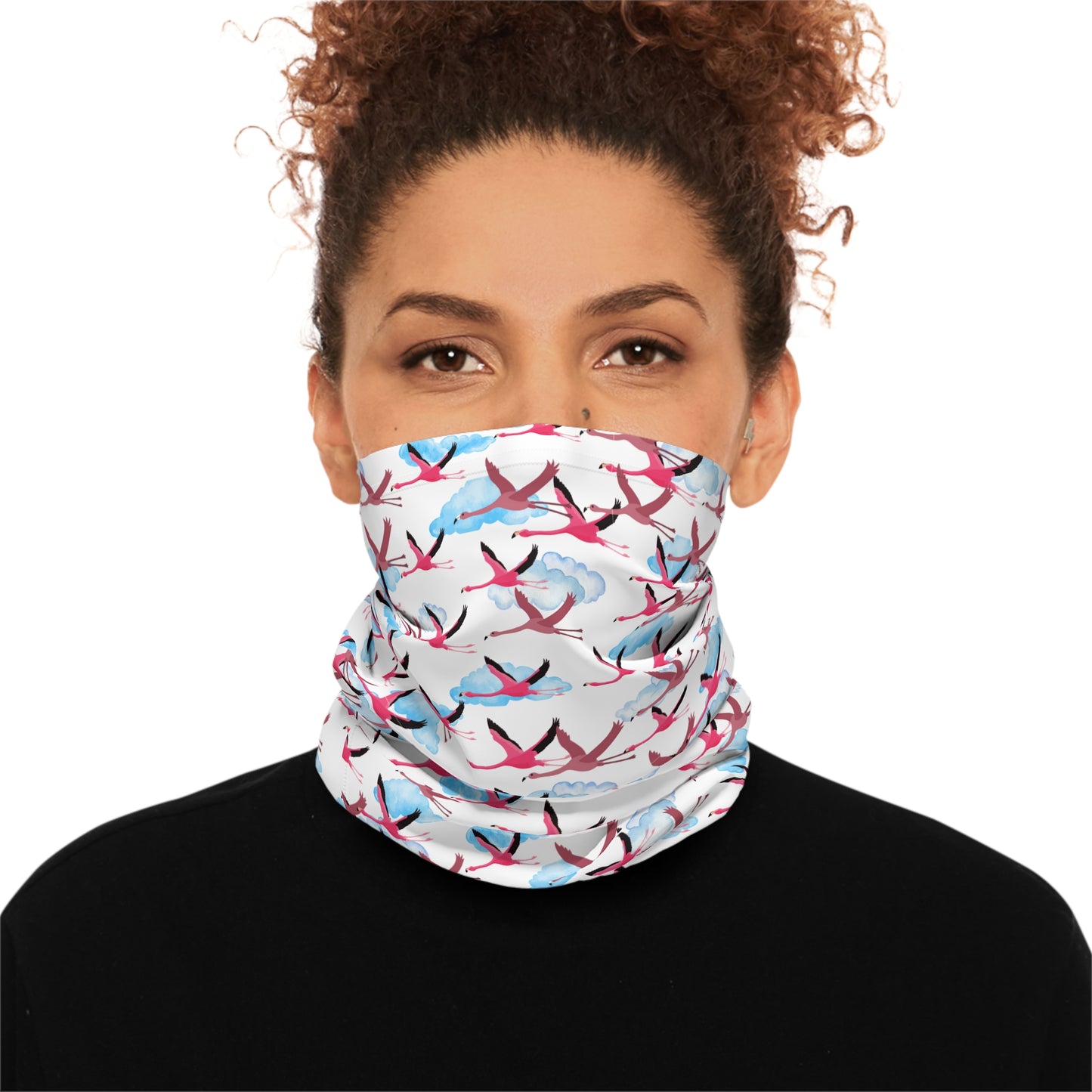 Colorful Lightweight Neck Gaiter with Flying Flamingo Design (White), Outdoor Accessory, Unique Gift, Hiking Gear, Nature-Themed Scarf