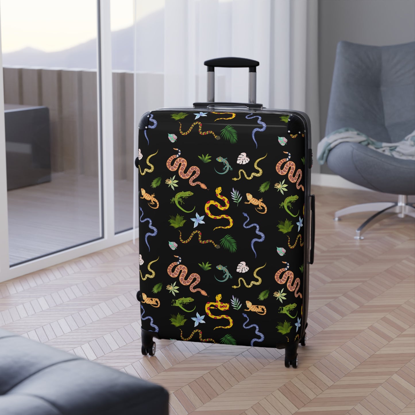 Dancing Reptile Travel Suitcase with Airplane Design, Luggage for Travelers, Custom Travel Bag, Vacation Essentials, Chic Carry-On