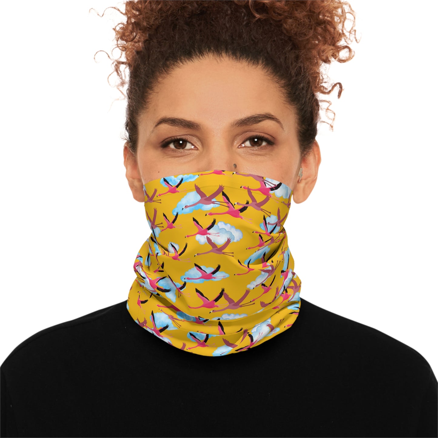 Colorful Lightweight Neck Gaiter with Flying Flamingo Design (Yellow), Outdoor Accessory, Unique Gift, Hiking Gear, Nature-Themed Scarf