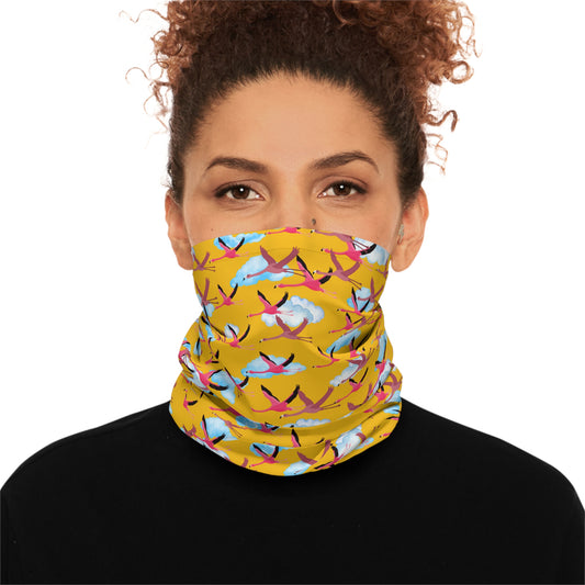 Colorful Lightweight Neck Gaiter with Flying Flamingo Design (Yellow), Outdoor Accessory, Unique Gift, Hiking Gear, Nature-Themed Scarf