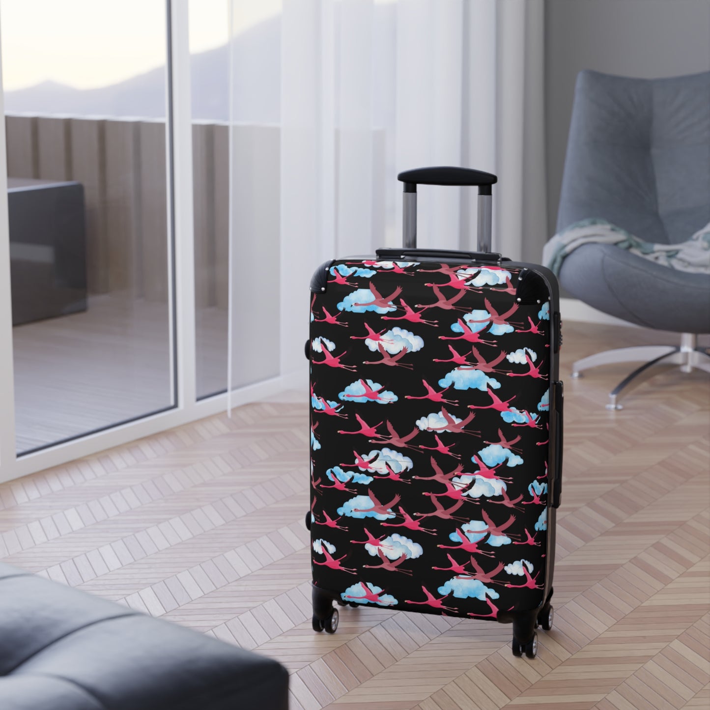 Flying Flamingo Travel Suitcase (Black) with Airplane Design, Luggage for Travelers, Custom Travel Bag, Vacation Essentials, Chic Carry-On