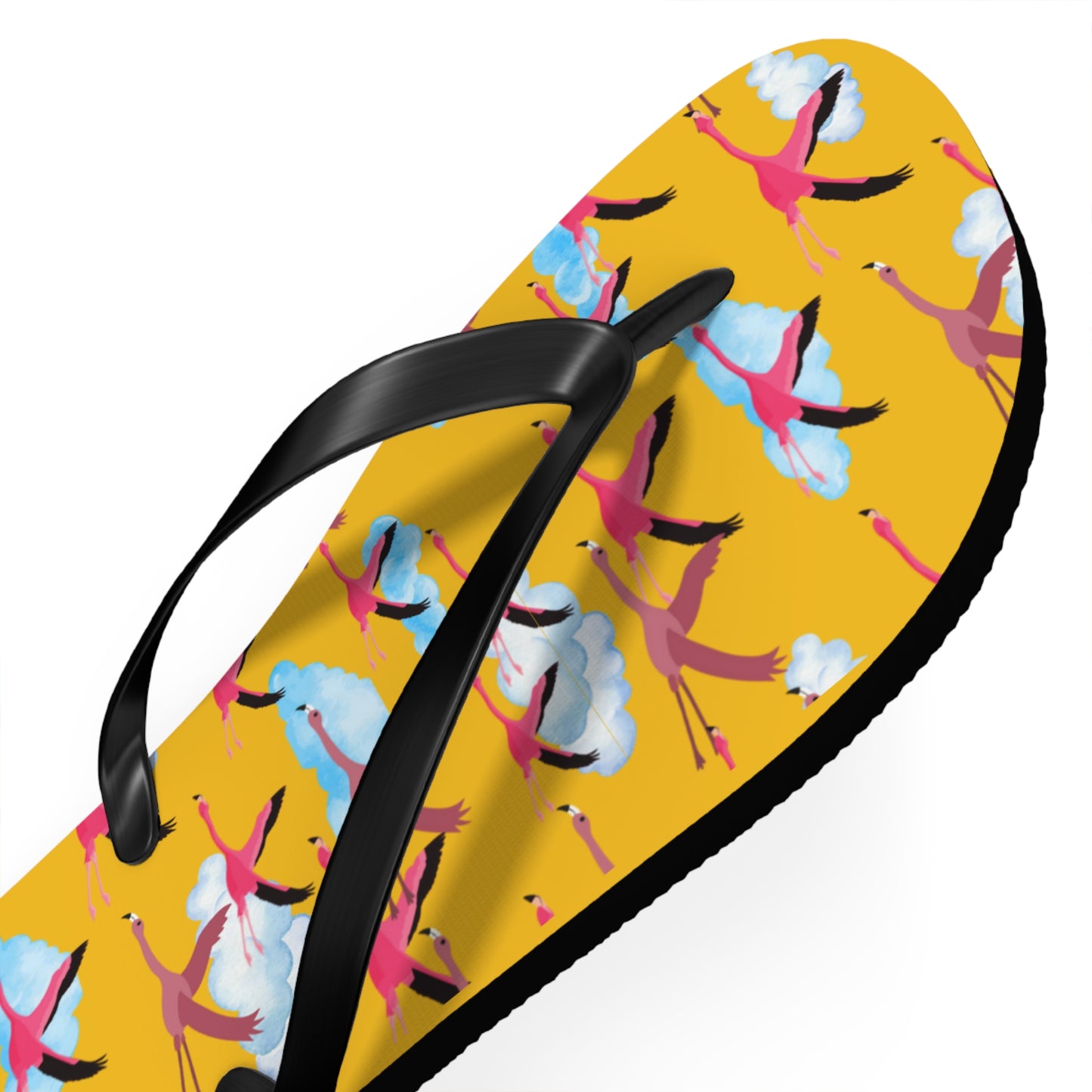 Flying Flamingo Print Flip Flops (Yellow), Summer Sandals, Beach Footwear, Vacation Essentials, Gift for Nature Lovers, Cute Outdoor Wear