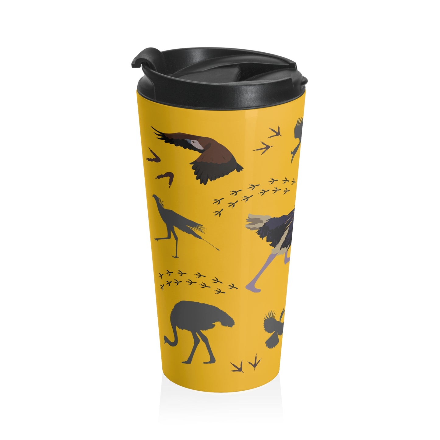 Safari Bird Pattern Stainless Steel Travel Mug (Yellow), Bird Lover Gift, Coffee Cup for Outdoor Adventures, Animal Prints, Eco-Friendly Travel Accessory