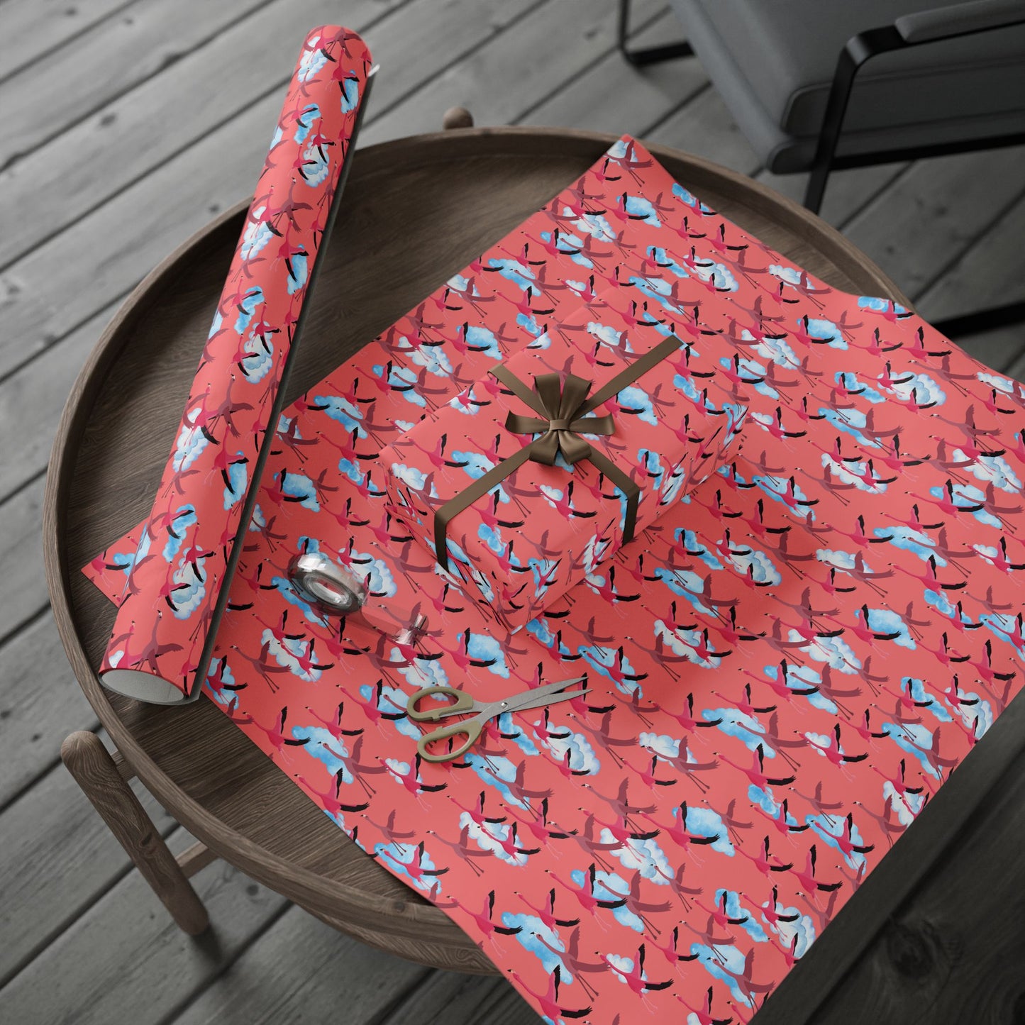Whimsical Flying Flamingo Wrapping Paper (Coral Pink)