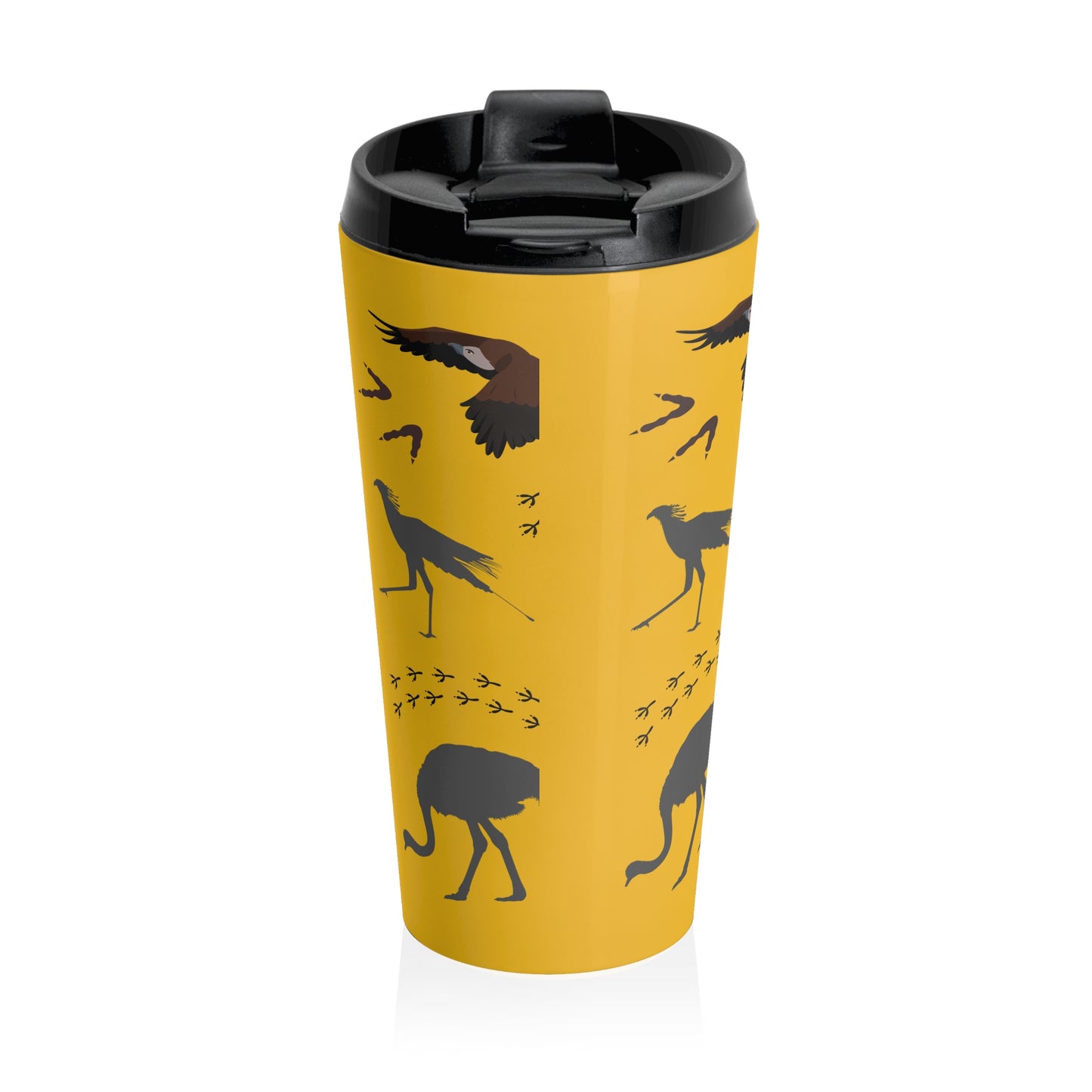 Safari Bird Pattern Stainless Steel Travel Mug (Yellow), Bird Lover Gift, Coffee Cup for Outdoor Adventures, Animal Prints, Eco-Friendly Travel Accessory