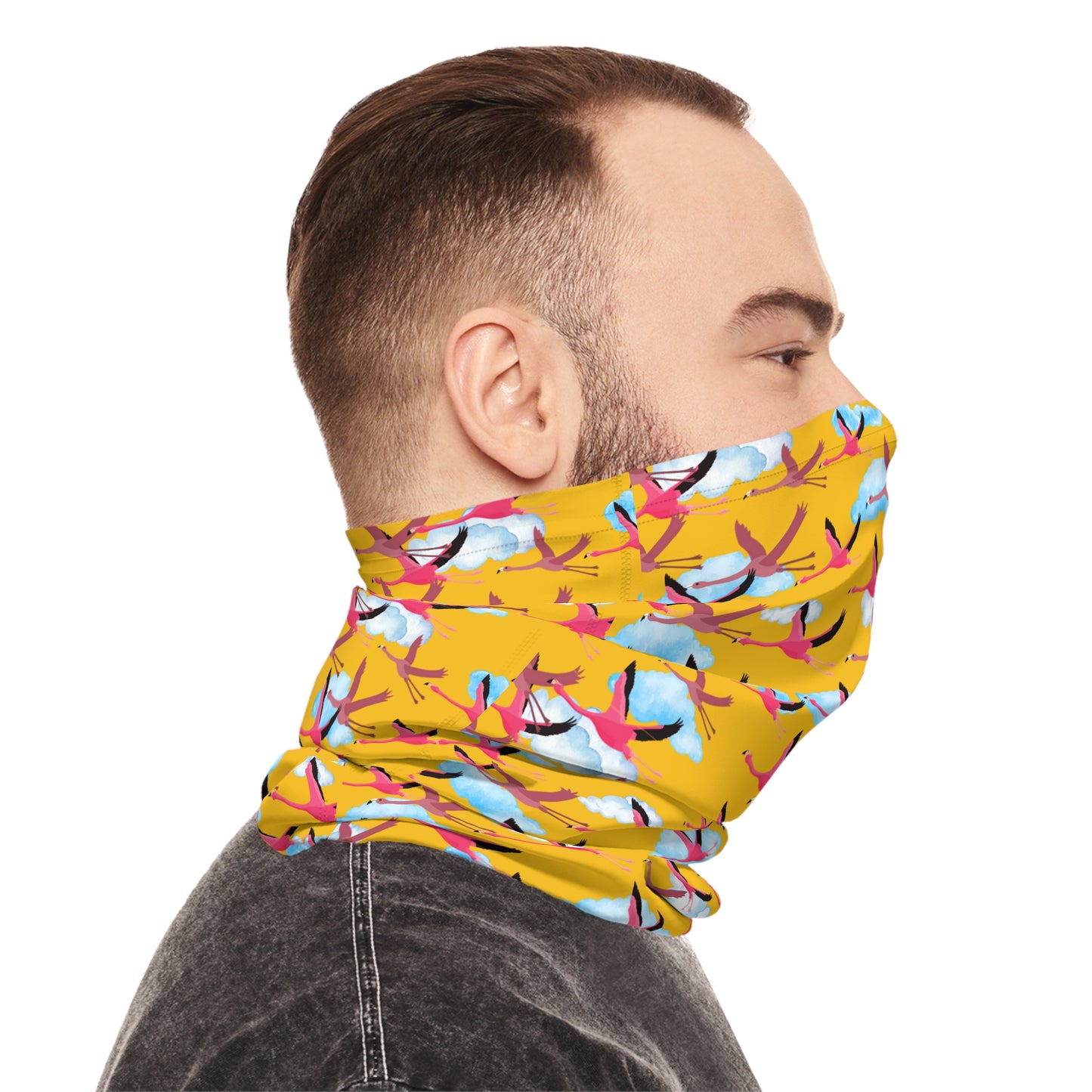 Colorful Lightweight Neck Gaiter with Flying Flamingo Design (Yellow), Outdoor Accessory, Unique Gift, Hiking Gear, Nature-Themed Scarf