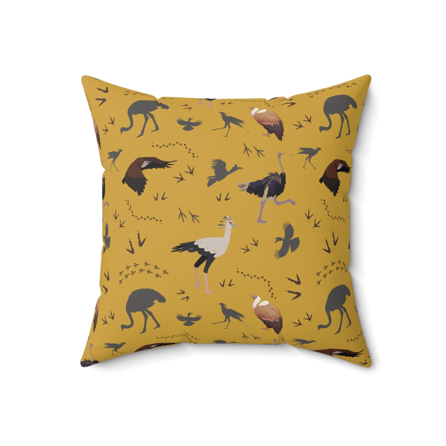 Safari Bird Print Lux Faux Suede Throw Pillow with Insert – 18" x 18" & 20" x 20" (Mustard)