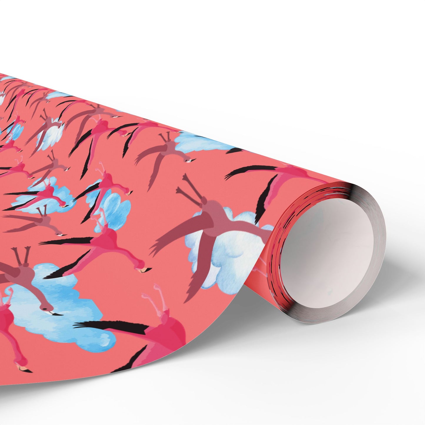 Whimsical Flying Flamingo Wrapping Paper (Coral Pink)
