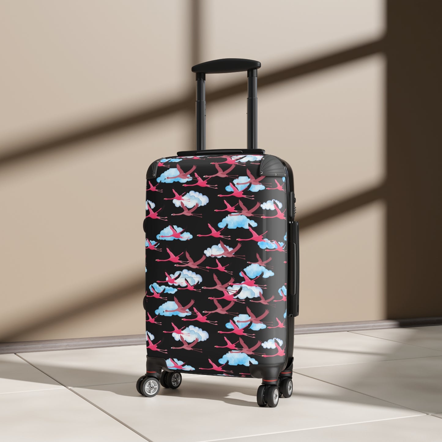 Flying Flamingo Travel Suitcase (Black) with Airplane Design, Luggage for Travelers, Custom Travel Bag, Vacation Essentials, Chic Carry-On