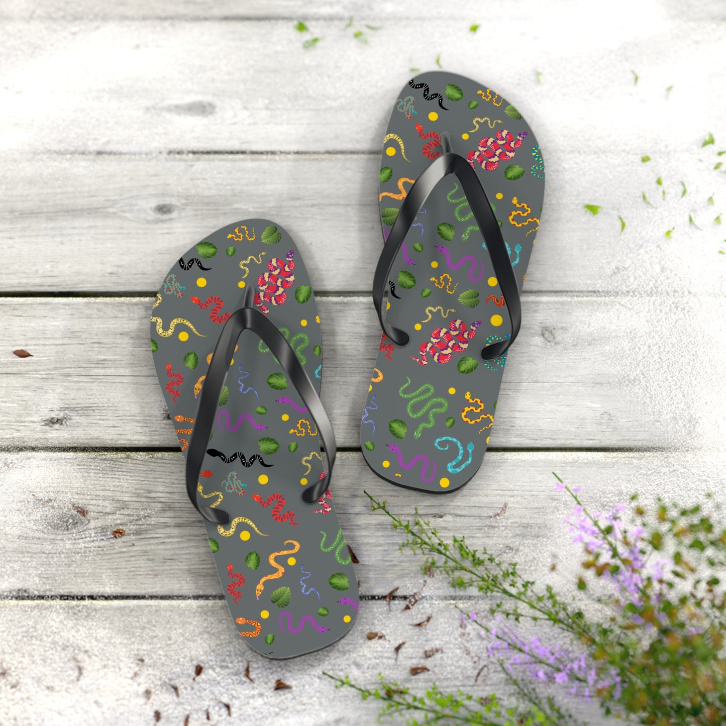 Dancing Snake Print Flip Flops, Summer Sandals, Beach Footwear, Vacation Essentials, Gift for Nature Lovers, Cute Outdoor Wear