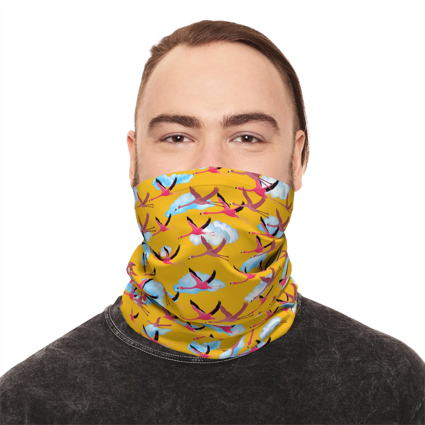 Colorful Lightweight Neck Gaiter with Flying Flamingo Design (Yellow), Outdoor Accessory, Unique Gift, Hiking Gear, Nature-Themed Scarf