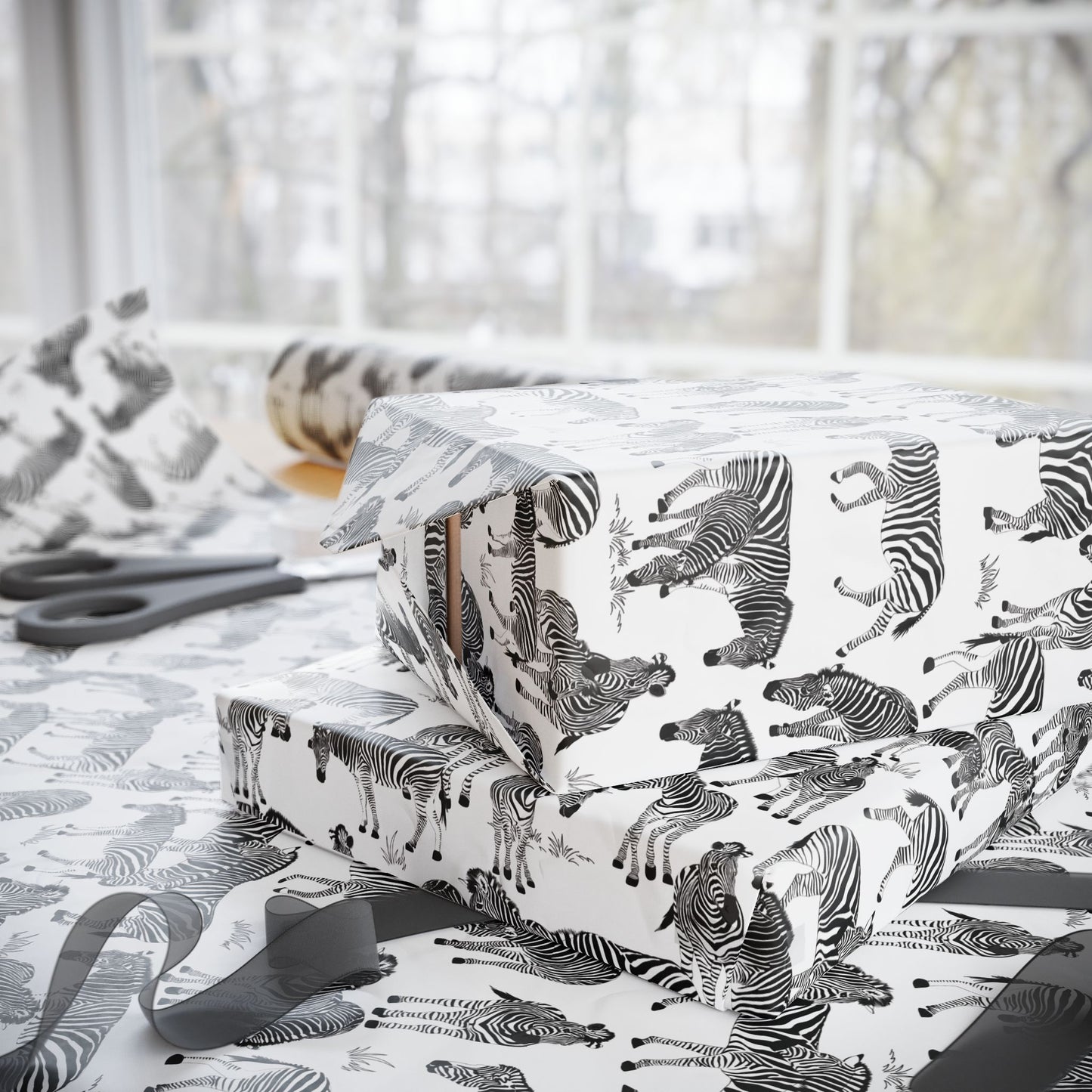 Whimsical Zebra Herd Wrapping Paper (White), Eco-Friendly Gift Wrap, Perfect for Birthdays, Holidays, Celebrations, Animal Lovers