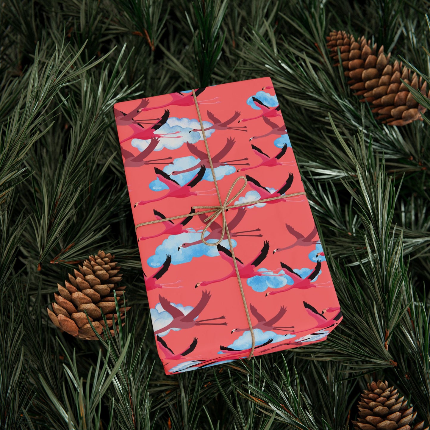 Whimsical Flying Flamingo Wrapping Paper (Coral Pink)
