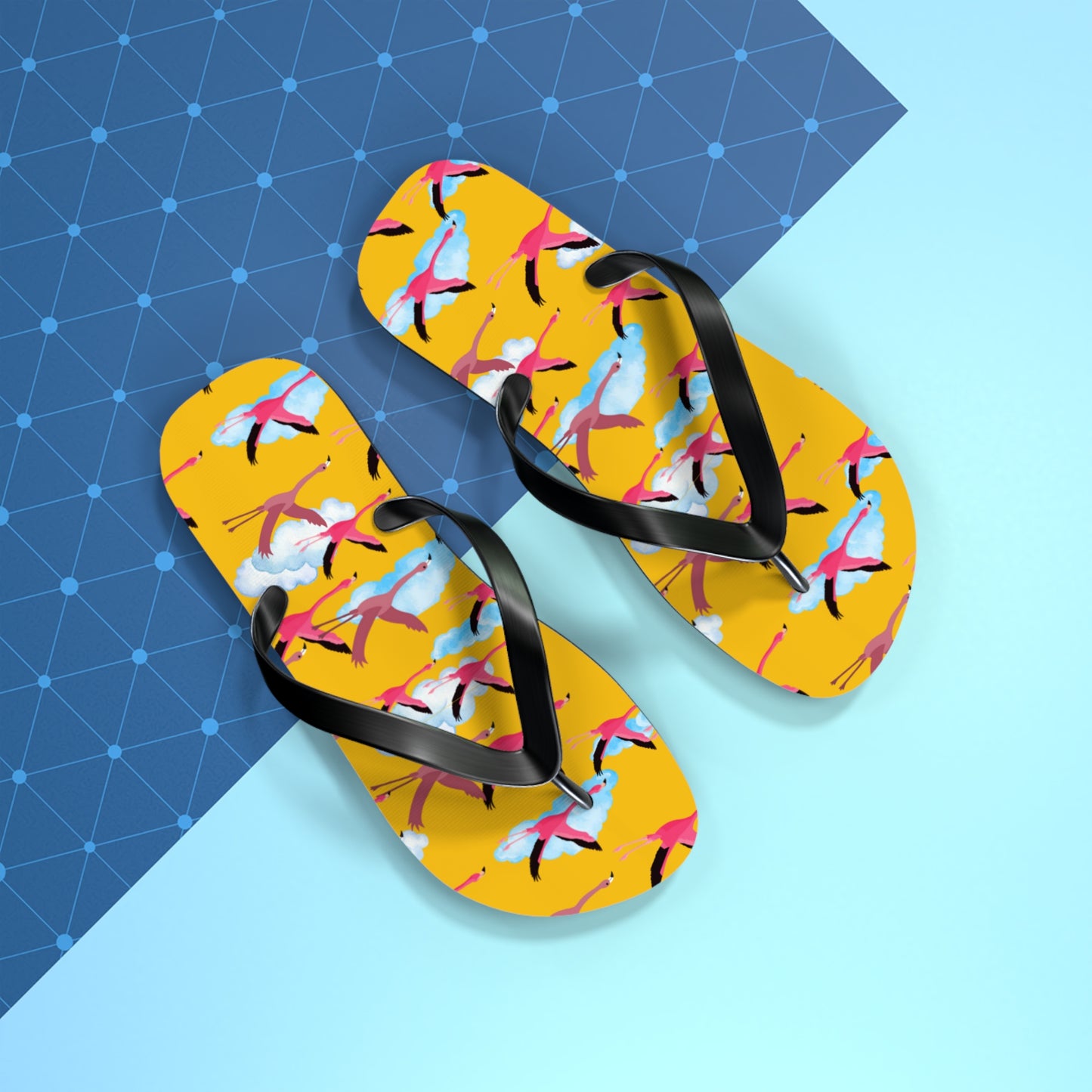 Flying Flamingo Print Flip Flops (Yellow), Summer Sandals, Beach Footwear, Vacation Essentials, Gift for Nature Lovers, Cute Outdoor Wear