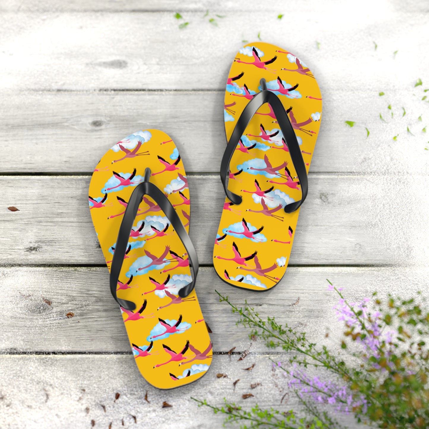Flying Flamingo Print Flip Flops (Yellow), Summer Sandals, Beach Footwear, Vacation Essentials, Gift for Nature Lovers, Cute Outdoor Wear