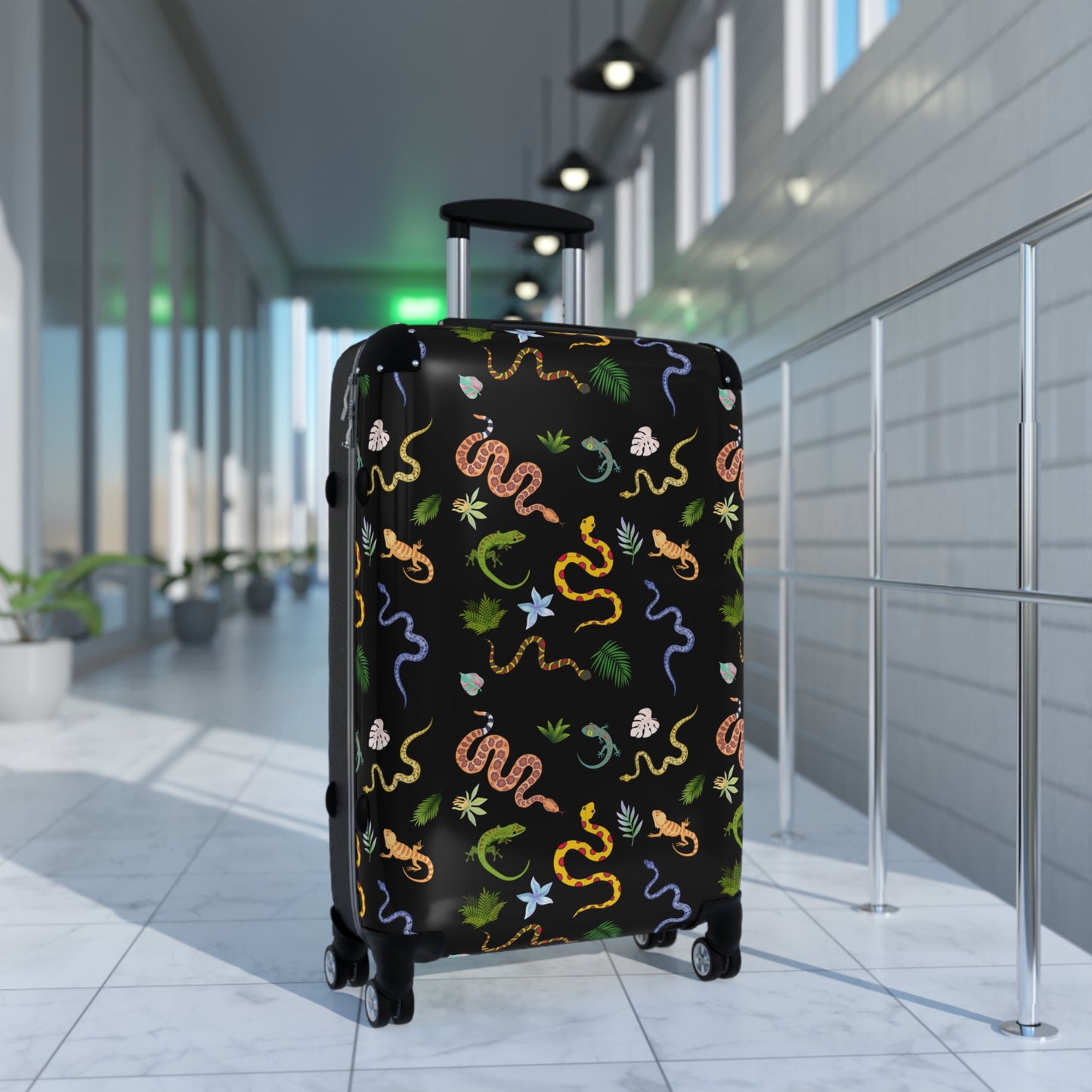 Dancing Reptile Travel Suitcase with Airplane Design, Luggage for Travelers, Custom Travel Bag, Vacation Essentials, Chic Carry-On