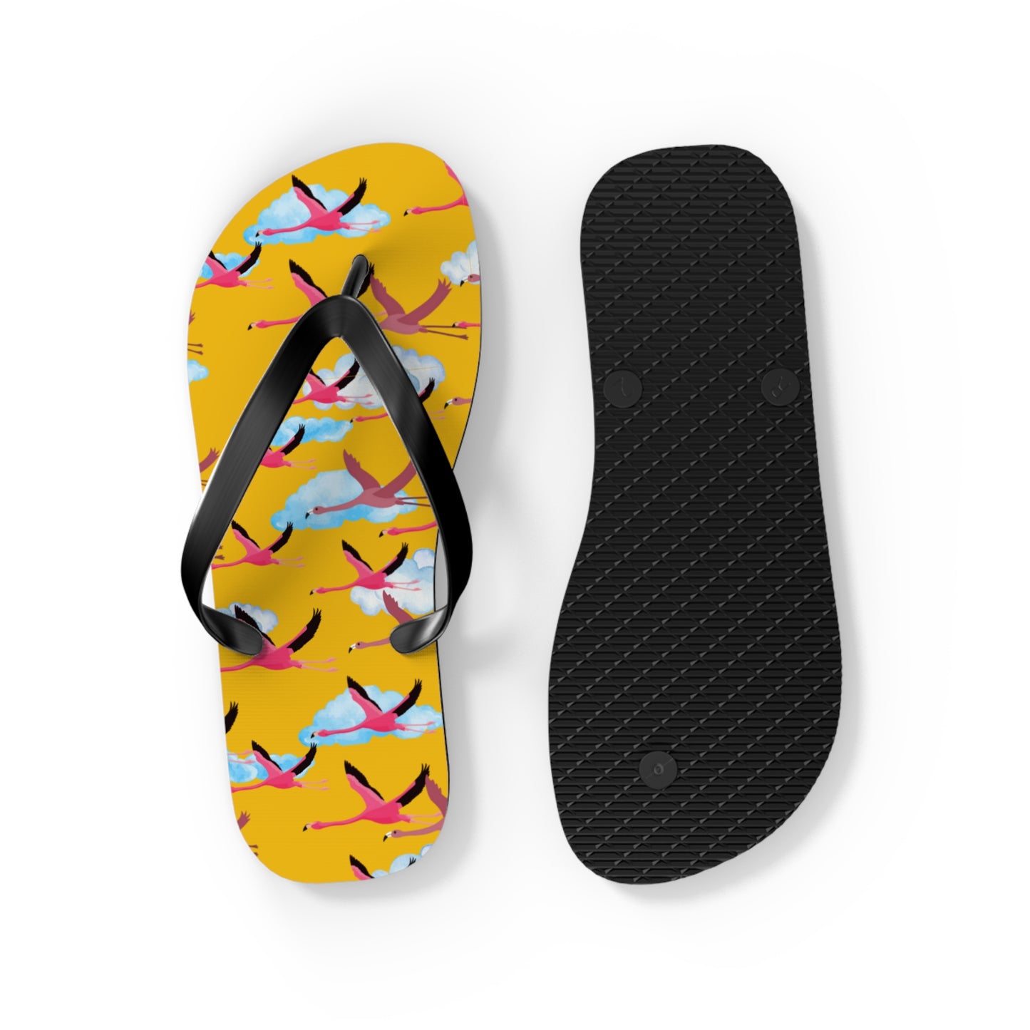 Flying Flamingo Print Flip Flops (Yellow), Summer Sandals, Beach Footwear, Vacation Essentials, Gift for Nature Lovers, Cute Outdoor Wear