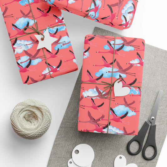Whimsical Flying Flamingo Wrapping Paper (Coral Pink)