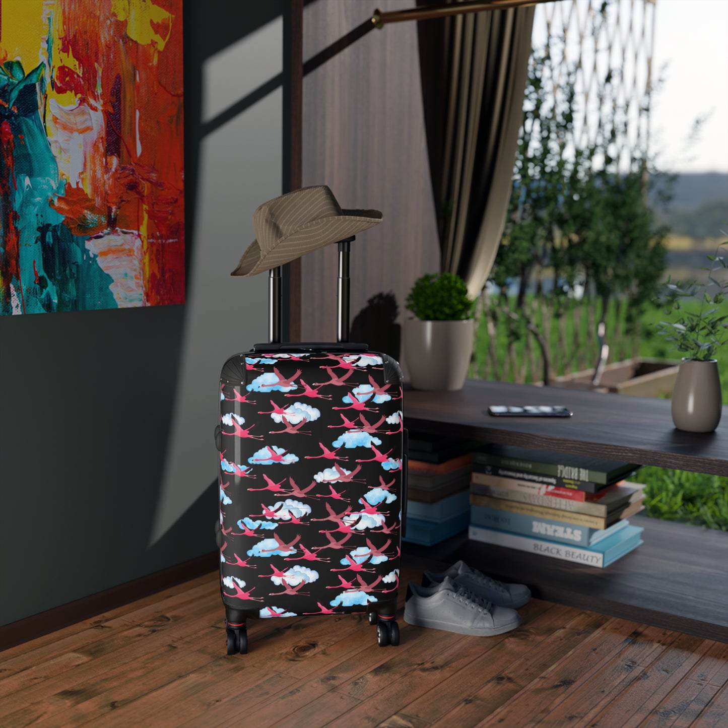 Flying Flamingo Travel Suitcase (Black) with Airplane Design, Luggage for Travelers, Custom Travel Bag, Vacation Essentials, Chic Carry-On