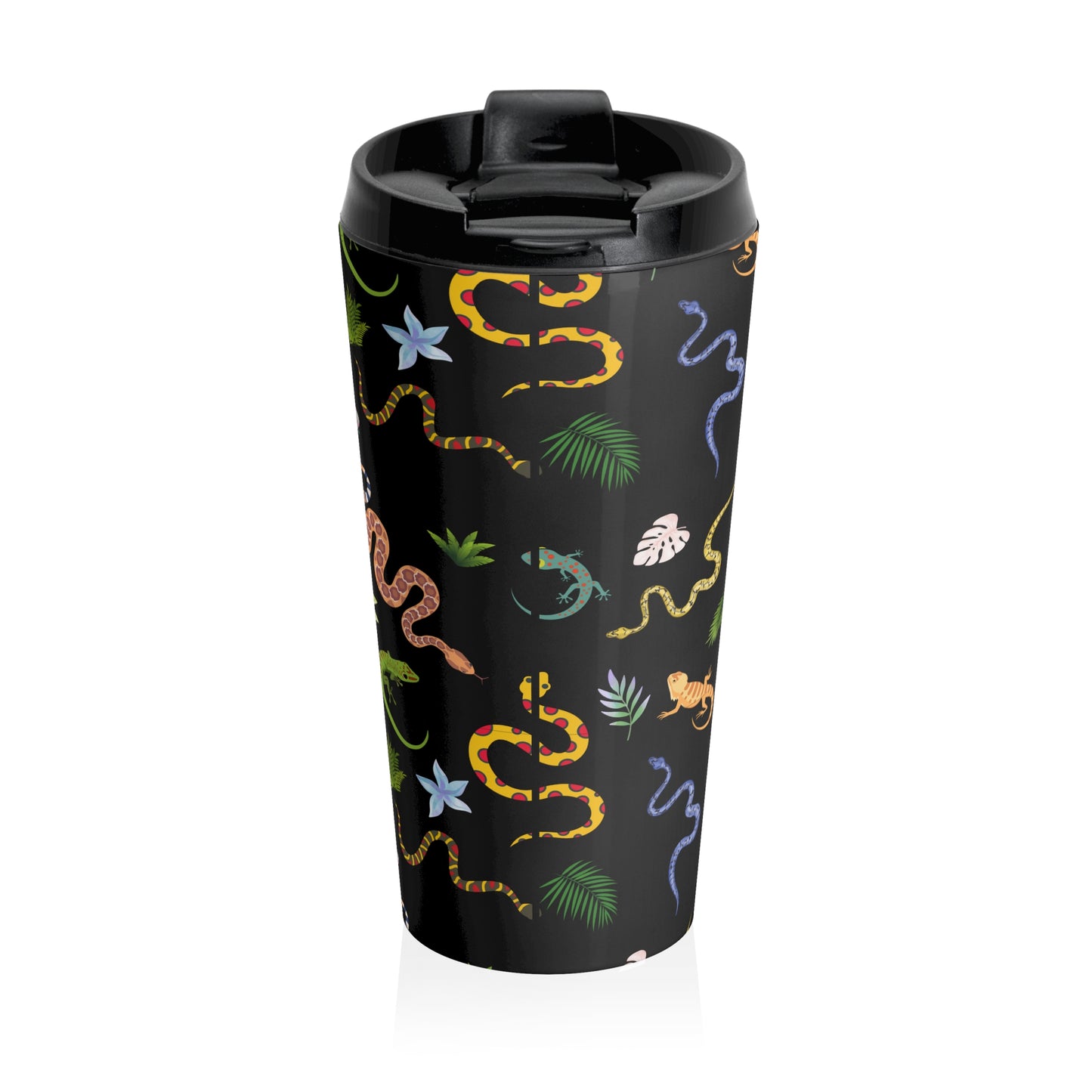 Dancing Reptile Pattern Stainless Steel Travel Mug (Black) | Stylish Travel Tumbler | Perfect Gift for Animal Lovers, Nature Enthusiasts, or Travel Junkies