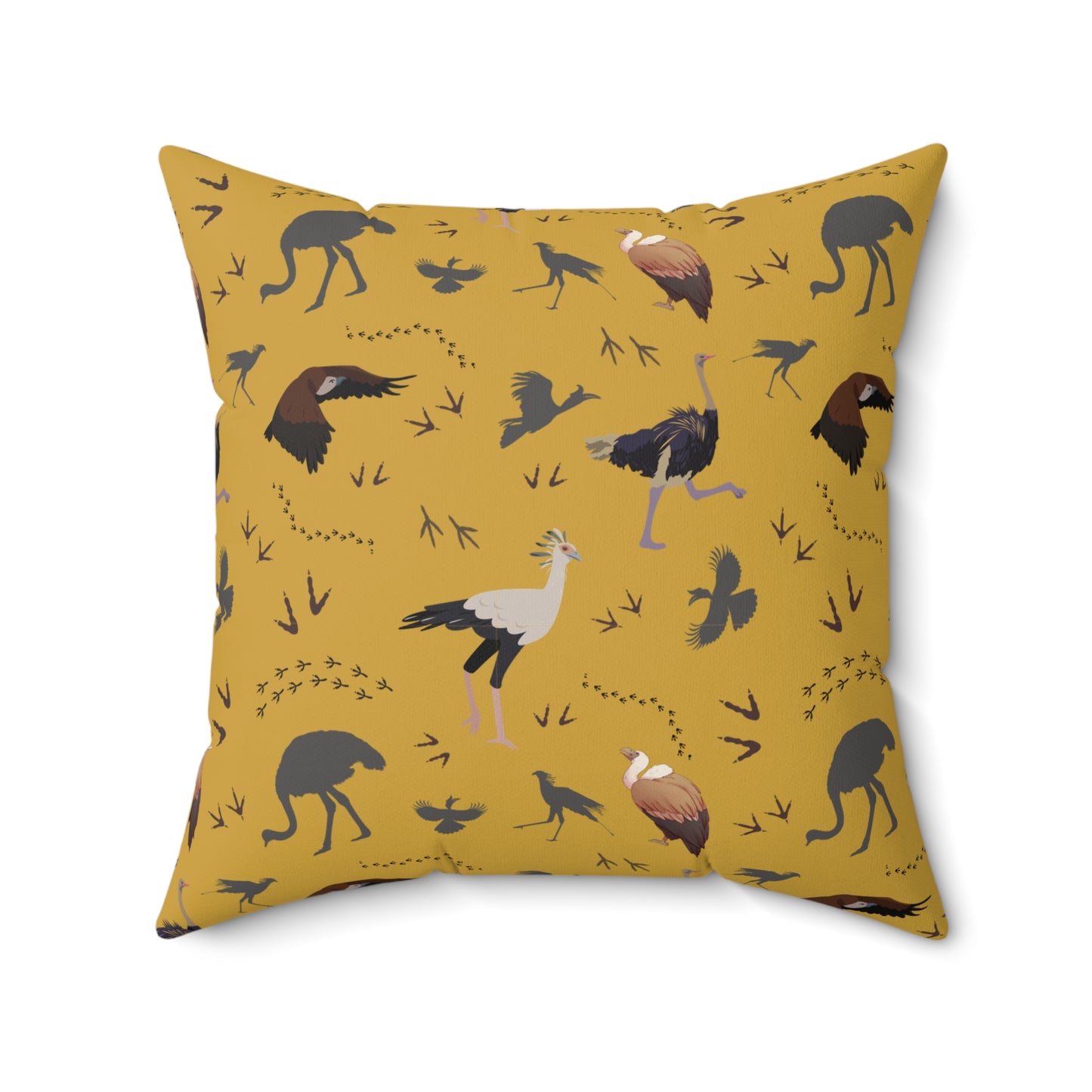 Safari Bird Print Lux Faux Suede Throw Pillow with Insert – 18" x 18" & 20" x 20" (Mustard)