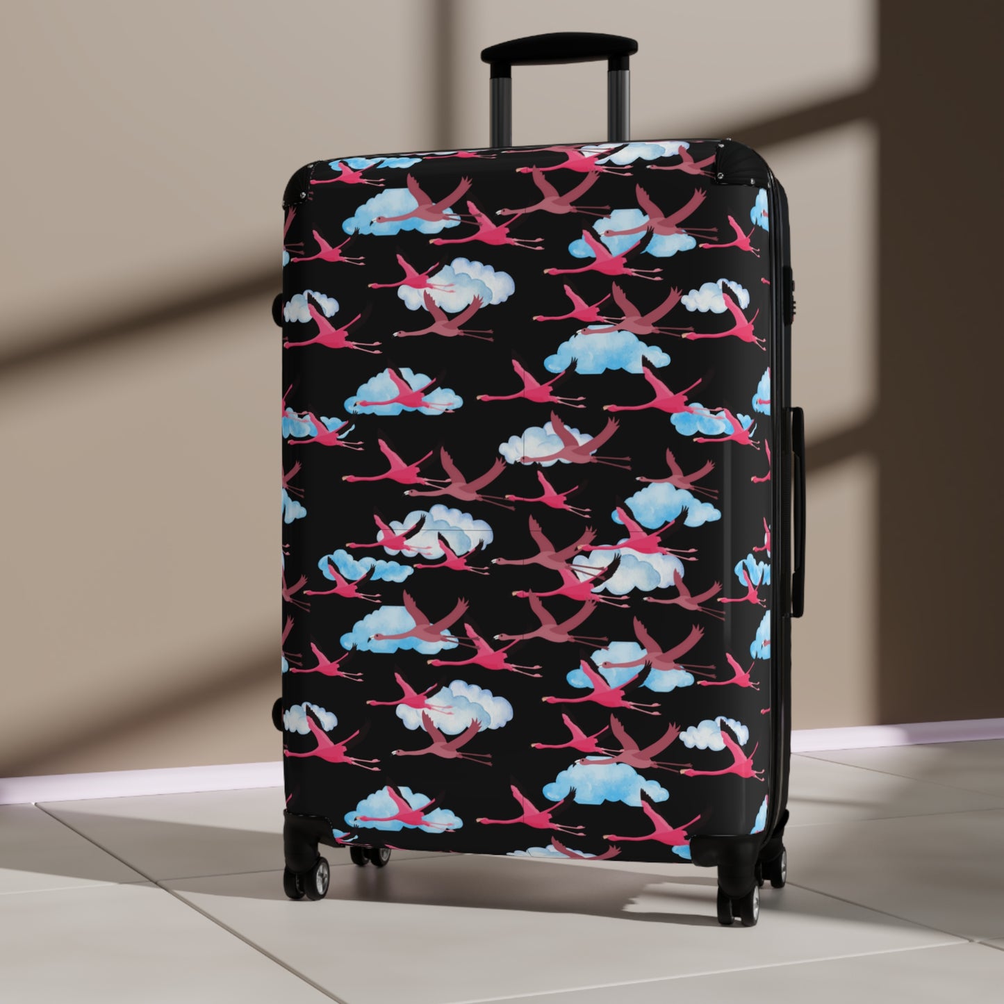 Flying Flamingo Travel Suitcase (Black) with Airplane Design, Luggage for Travelers, Custom Travel Bag, Vacation Essentials, Chic Carry-On