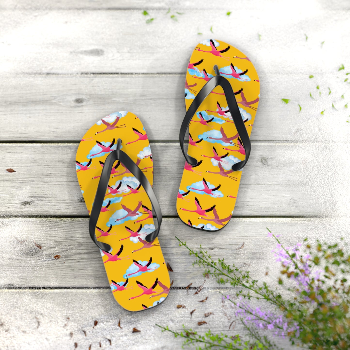 Flying Flamingo Print Flip Flops (Yellow), Summer Sandals, Beach Footwear, Vacation Essentials, Gift for Nature Lovers, Cute Outdoor Wear