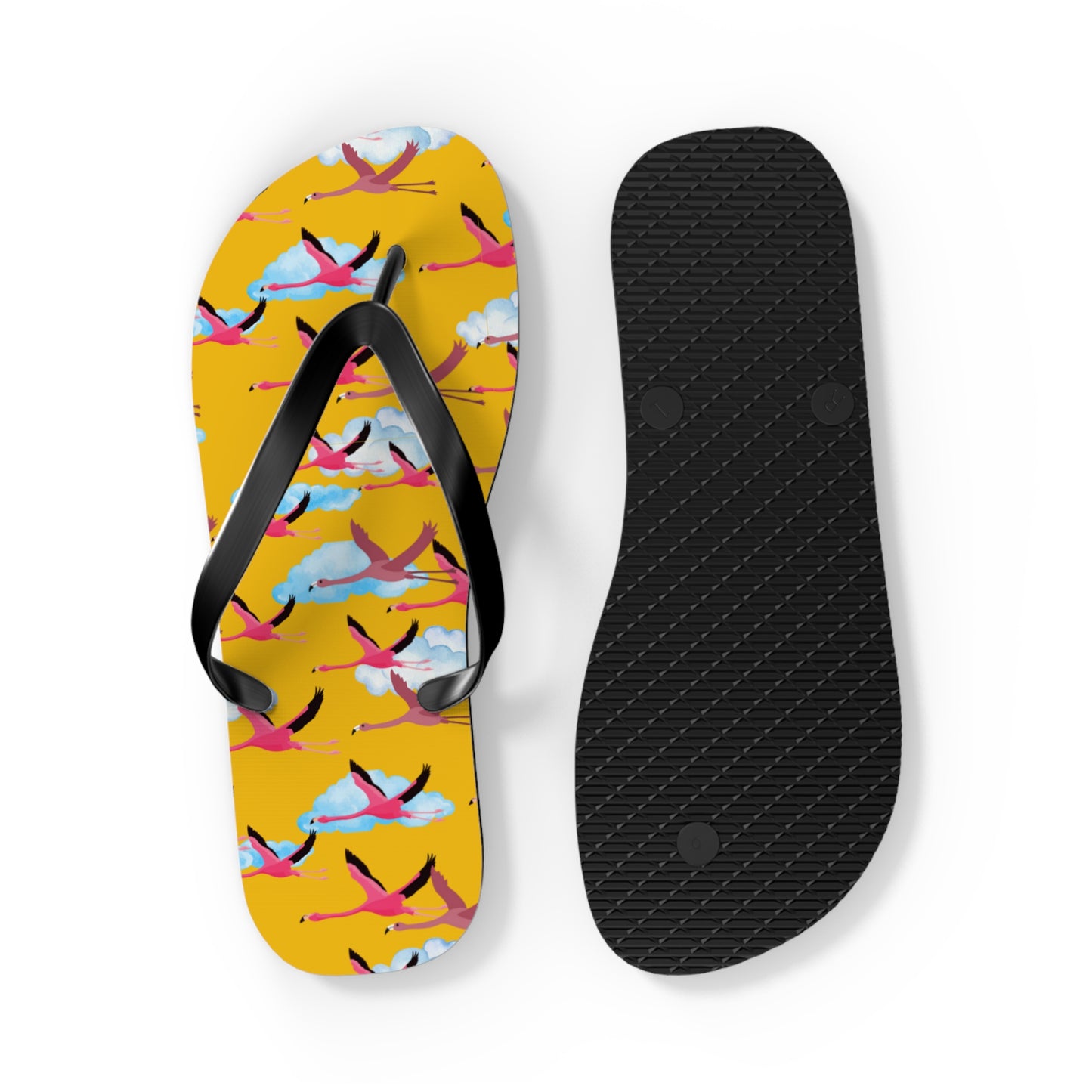 Flying Flamingo Print Flip Flops (Yellow), Summer Sandals, Beach Footwear, Vacation Essentials, Gift for Nature Lovers, Cute Outdoor Wear