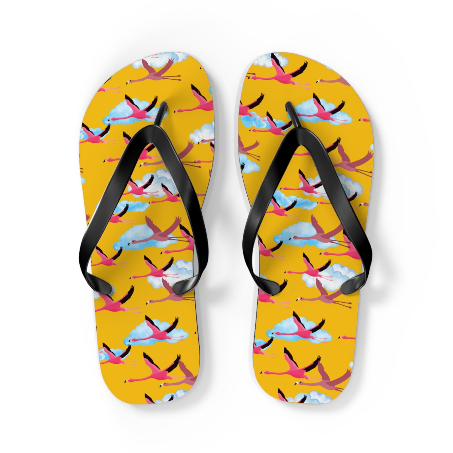 Flying Flamingo Print Flip Flops (Yellow), Summer Sandals, Beach Footwear, Vacation Essentials, Gift for Nature Lovers, Cute Outdoor Wear