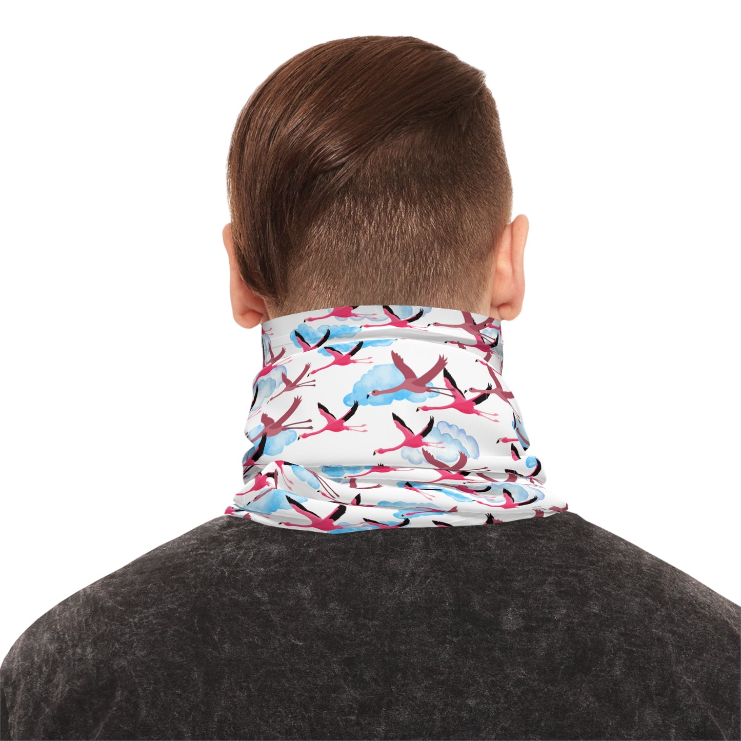 Colorful Lightweight Neck Gaiter with Flying Flamingo Design (White), Outdoor Accessory, Unique Gift, Hiking Gear, Nature-Themed Scarf