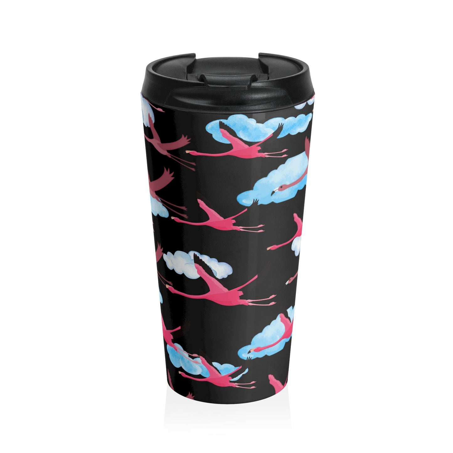 Flying Flamingo Pattern Stainless Steel Travel Mug (Black) | Stylish Travel Tumbler | Perfect Gift for Animal Lovers, Nature Enthusiasts, or Travel Junkies