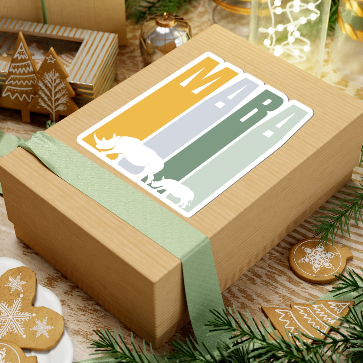 Safari Themed, Mummy and baby Rhino, Masai Mara, Green Yellow, Vibrant Kiss-Cut Stickers for Laptop, Scrapbooking, Gifts, Eco-Friendly Decor, Customizable Designs