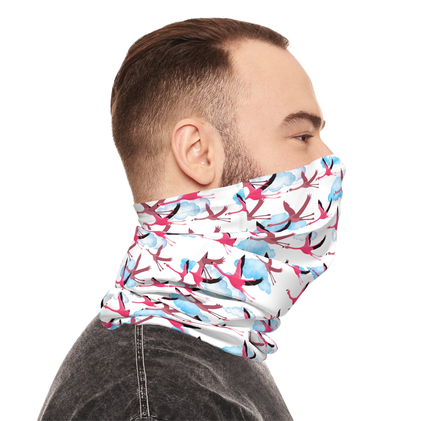 Colorful Lightweight Neck Gaiter with Flying Flamingo Design (White), Outdoor Accessory, Unique Gift, Hiking Gear, Nature-Themed Scarf