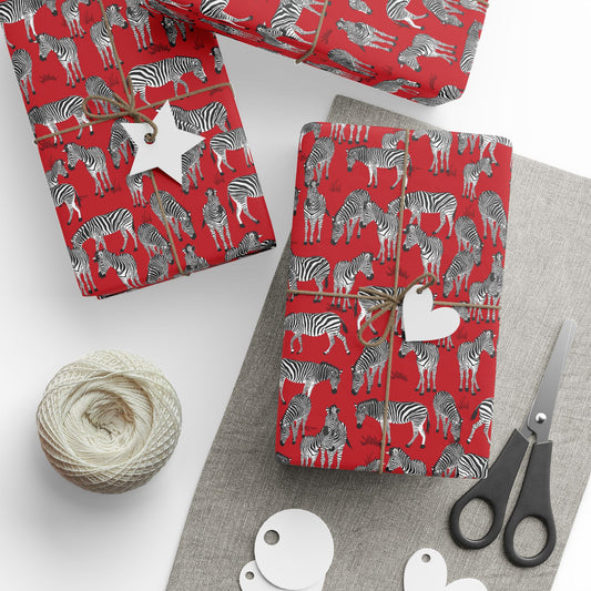 Whimsical Zebra Herd Wrapping Paper (Red)