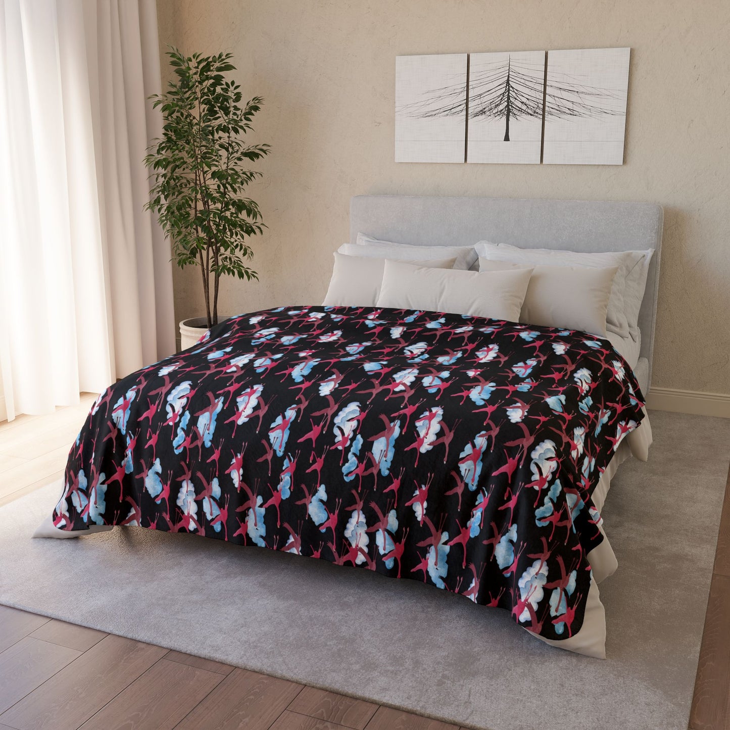 Flying Flamingo Fleece Sherpa Blanket (Black)