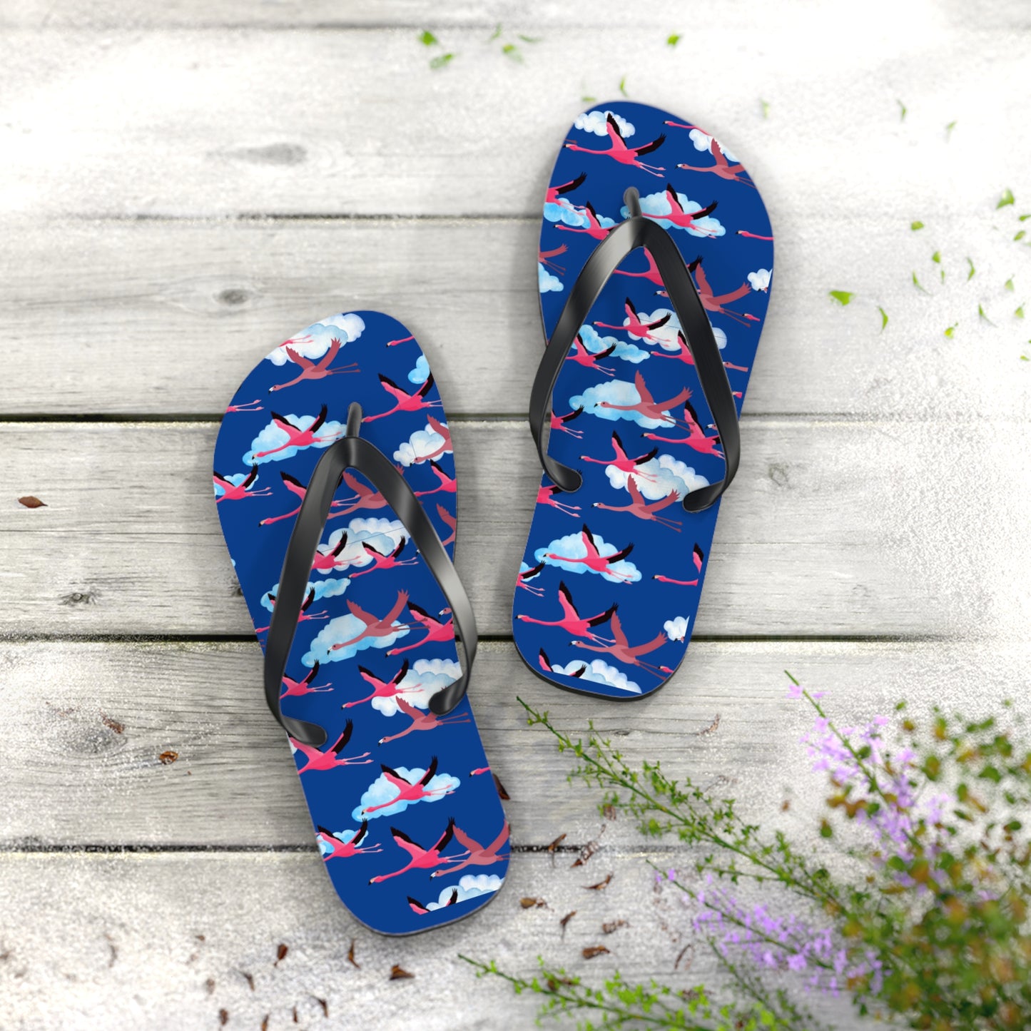 Flying Flamingo Print Flip Flops (Blue), Summer Sandals, Beach Footwear, Vacation Essentials, Gift for Nature Lovers, Cute Outdoor Wear