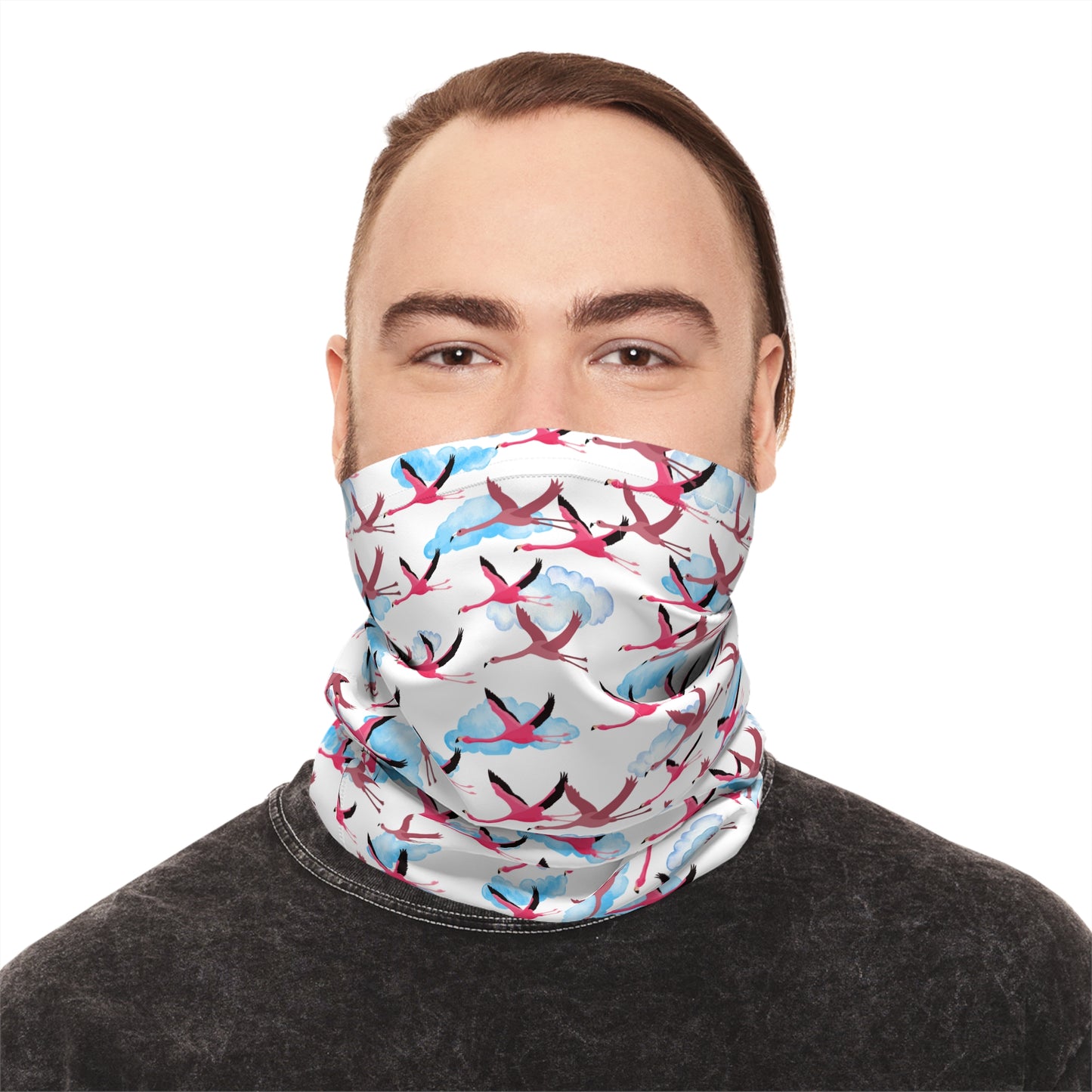 Colorful Lightweight Neck Gaiter with Flying Flamingo Design (White), Outdoor Accessory, Unique Gift, Hiking Gear, Nature-Themed Scarf