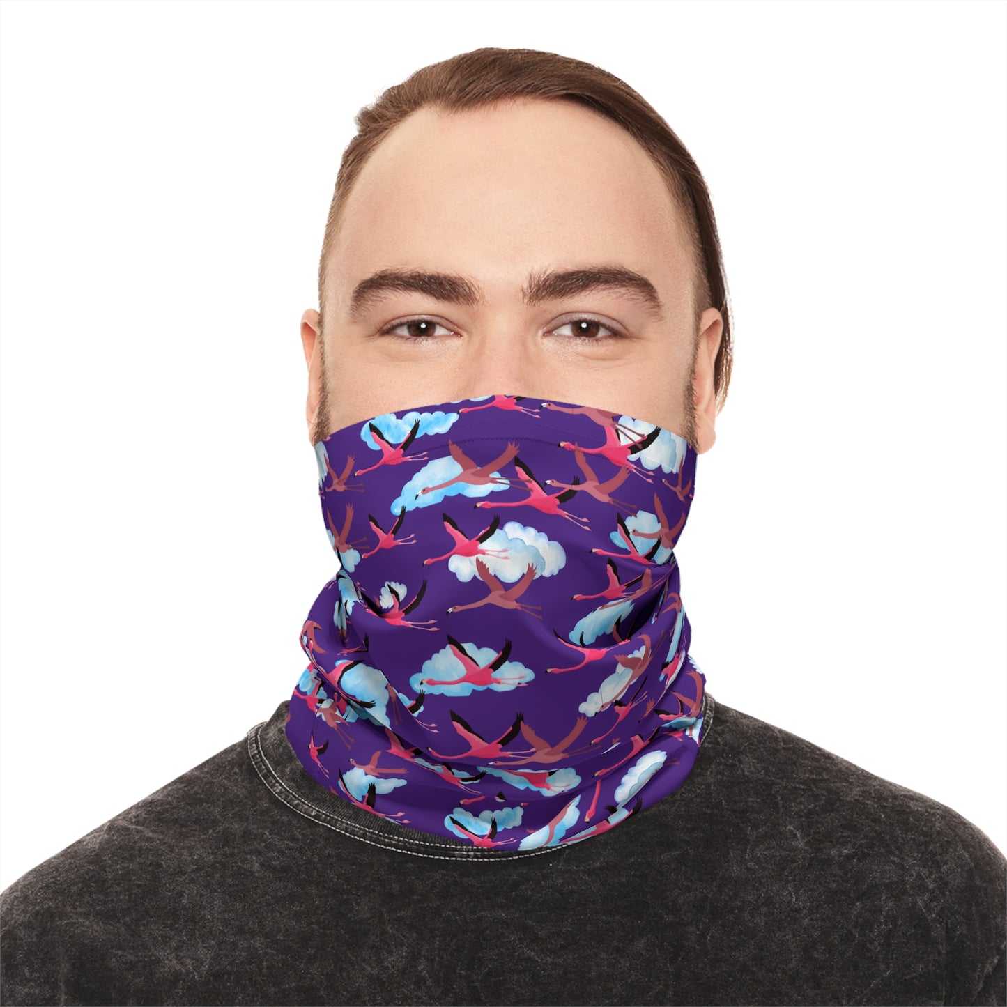 Colorful Lightweight Neck Gaiter with Flying Flamingo Design (Purple), Outdoor Accessory, Unique Gift, Hiking Gear, Nature-Themed Scarf