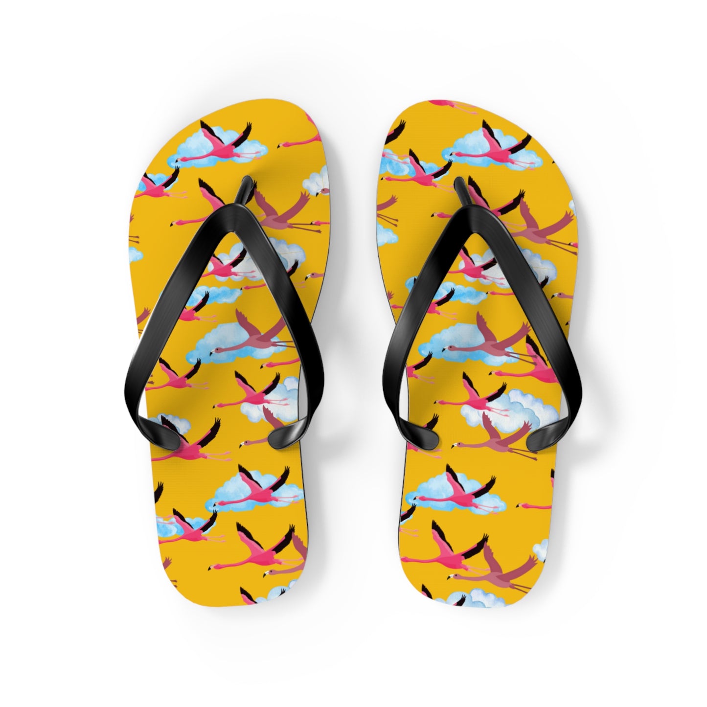 Flying Flamingo Print Flip Flops (Yellow), Summer Sandals, Beach Footwear, Vacation Essentials, Gift for Nature Lovers, Cute Outdoor Wear