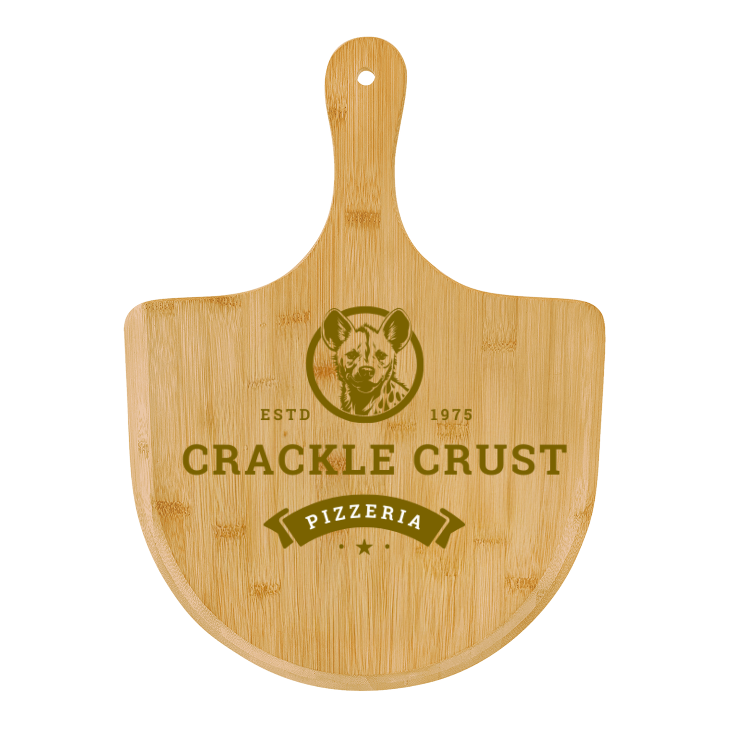 Crackle Crust Engraved Hyena Theme Bamboo Pizza Board, Personalized Kitchen Decor, Unique Gift for Pizza Lovers, Home Entertaining, Wedding Gift Idea