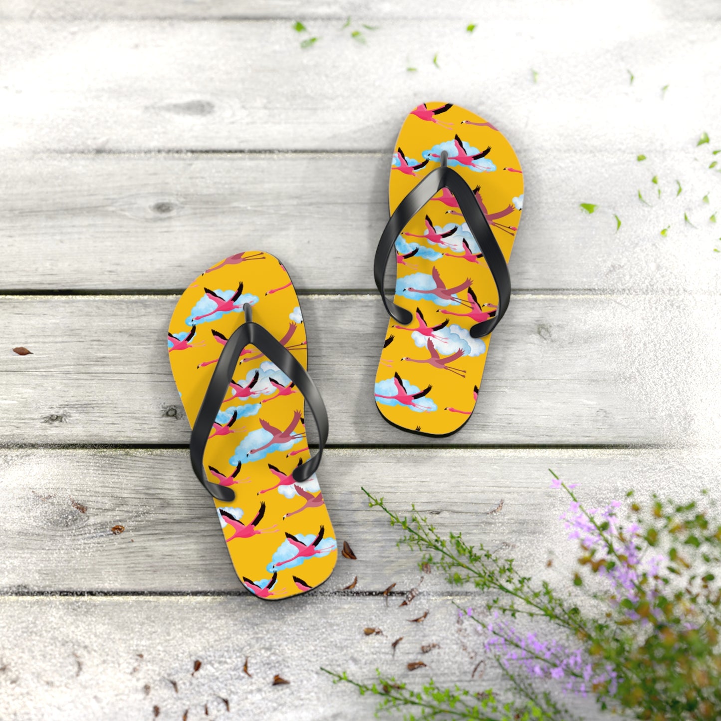 Flying Flamingo Print Flip Flops (Yellow), Summer Sandals, Beach Footwear, Vacation Essentials, Gift for Nature Lovers, Cute Outdoor Wear