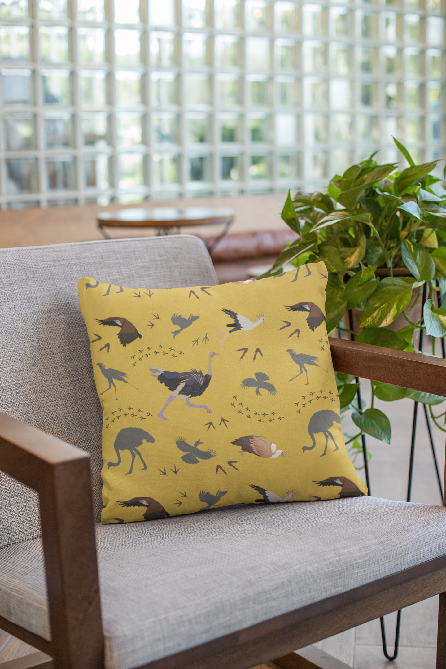Safari Bird Print Lux Faux Suede Throw Pillow with Insert – 18" x 18" & 20" x 20" (Mustard)